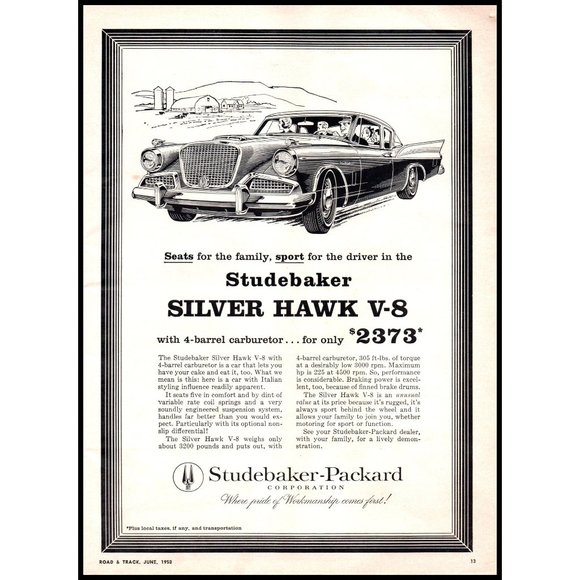 1958 Studebaker Silver Hawk V-8 Classic Car Vintage Print Ad Man Cave Wall Art - Picture 1 of 1